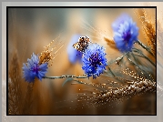 Chabry, Niebieskie, Kwiaty, Zboże, Motyl, Grafika AI