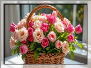 Kwiaty, Róże, Tulipany, Koszyk, Okno