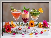 Trzy, Drinki, Kwiaty, Stół