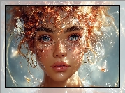 Dziewczyna, Rude, Kręcone, Włosy, Spojrzenie, Grafika AI