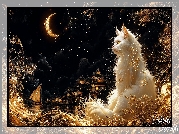 Grafika, Biały, Kot, Noc, Gwiazdy, Księżyc, Domy