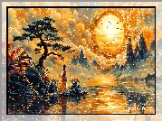 Grafika, Rzeka, Kobieta, Drzewa, Dom, Góry, Słońce, Ptaki