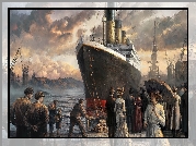Grafika, Statek, Titanic, Ludzie, Port