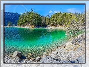 Góry, Jezioro Eibsee, Drzewa, Kamienie, Bawaria, Niemcy