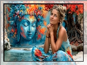 Kobieta, Drzewo, Mural, Budda, AI